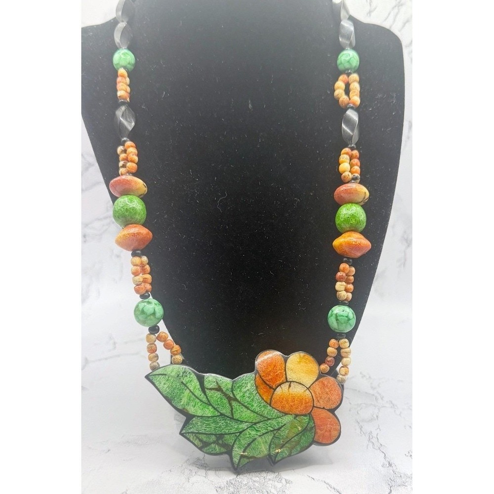 Lee Sands Large Floral Statement Pendant Necklace 22" Orange Green